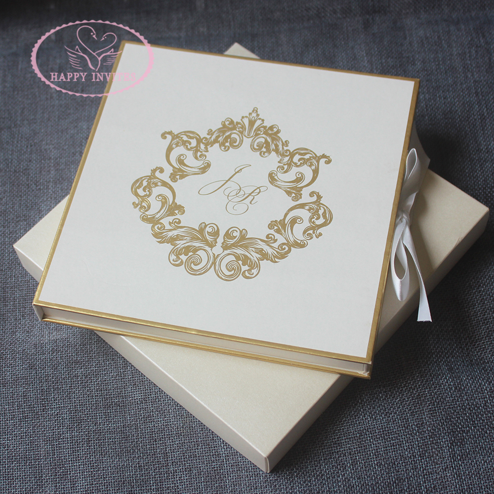 Luxury Ivory Hardcover Box Wedding Invites with Acrylic Invitation Black & Gold Foil HI1180