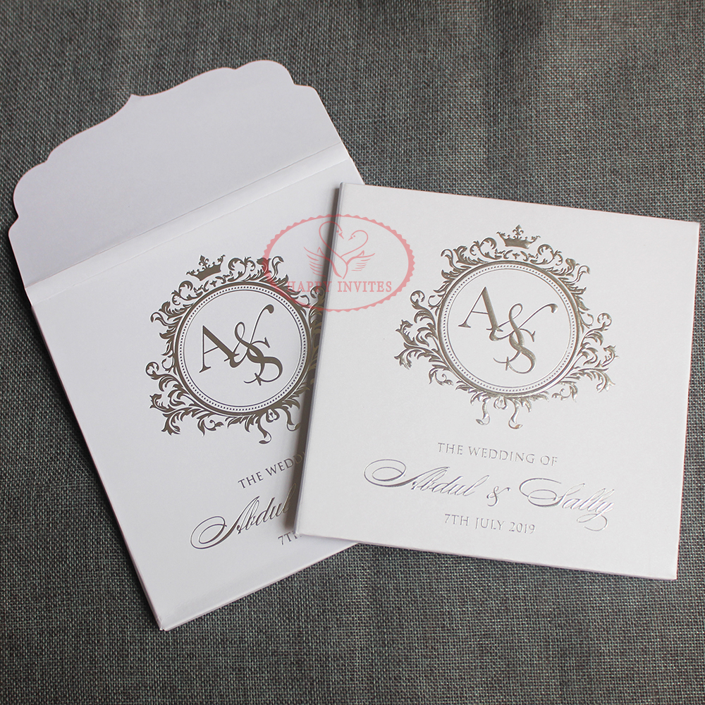 Custom Hardcover Wedding Invitation Card in White with Silver Embossing Factory Price HI1209