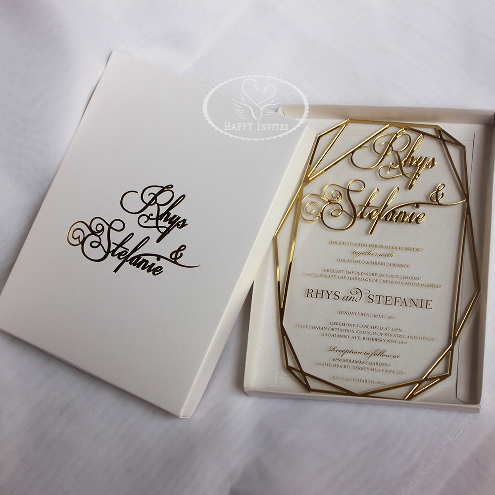 Custom Acrylic Wedding Invitation with Gold Foil Printing Laser Cut Gold Mirror Names HI4090